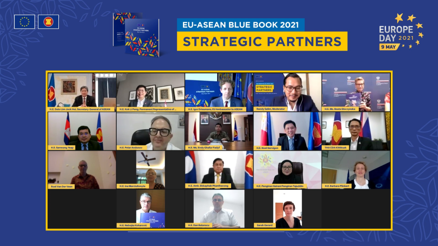 Video conference screen view of EU-ASEAN Blue Book 2021 "Strategic Partners" event.
